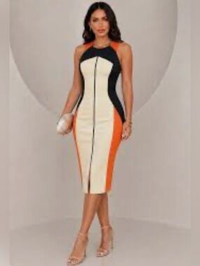 Colorblock Halter Sheath Dress in Cream, Black & Orange
